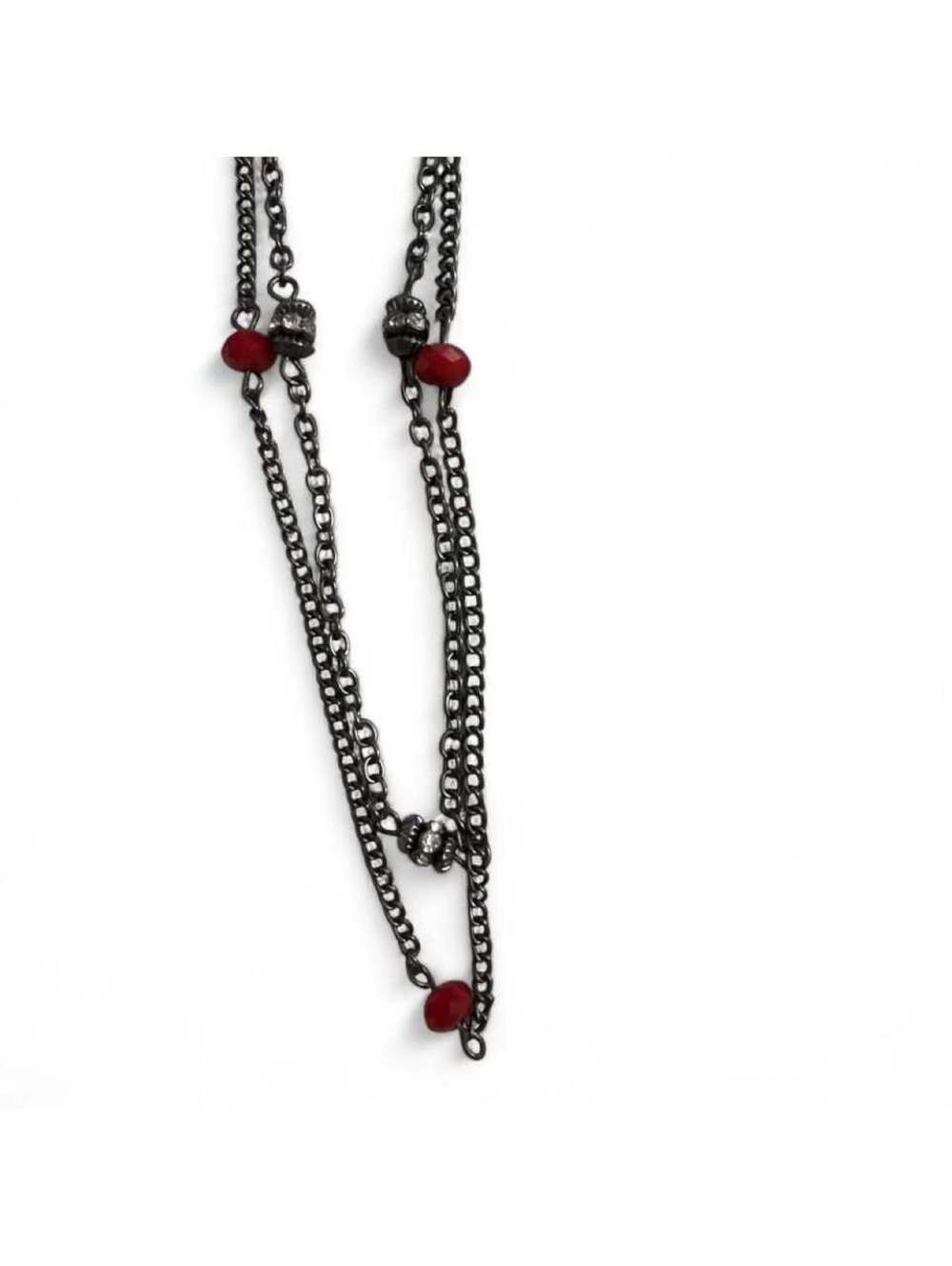 Long Double Strand Gunmetal Chain Necklace with Red Beads